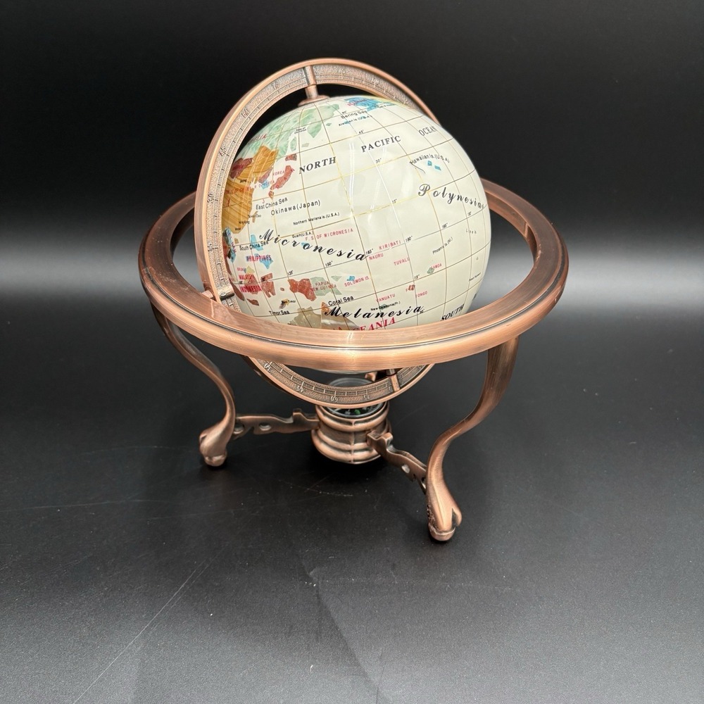 11"" Tall Pearl Swirl Ocean 3- leg Copper table stand Gem Gemstone World globe